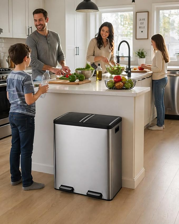 Step N' Sort The 18.5 Gallon Extra Large Capacity, Soft-Step, Dual Trash and Recycling Bin with Removable Inner Bins, Silver - Image 4