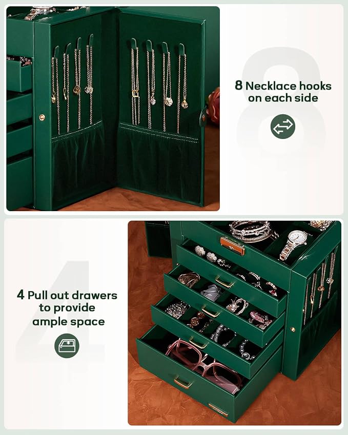 Homde Synthetic Leather Huge Jewelry Box Mirrored Watch Organizer Necklace Ring Earring Storage Lockable Gift Case (Forest Green + Gold) - Image 5
