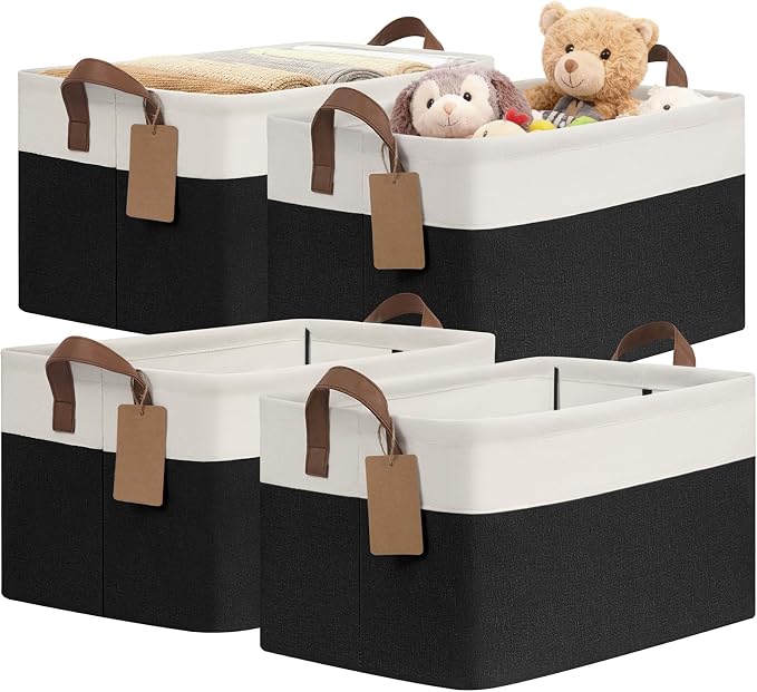 CHICVITA 4 Pack Large Storage Baskets for Shelves, Collapsible Fabric Storage Bins with Metal Frame Handles, Decorative Closet Organizers Bins for Toys, 16.8" x 11" x 9.8", Black & White by CHICVITA