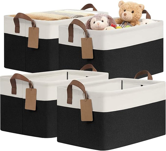 CHICVITA 4 Pack Large Storage Baskets for Shelves, Collapsible Fabric Storage Bins with Metal Frame Handles, Decorative Closet Organizers Bins for Toys, 16.8" x 11" x 9.8", Black & White by CHICVITA