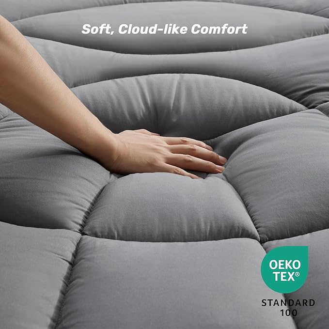 Unikome Full Mattress Pad Waterproof, Eco-Friendly Ergonomic Quilted Fitted Full Mattress Topper for Guest Room, Apartments, Noiseless and Machine Washable (Grey, 54x75)