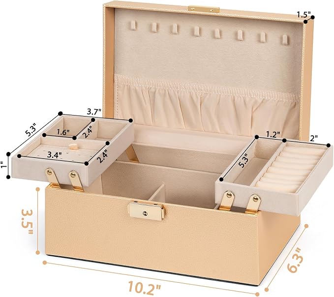 AKOZLIN Travel Jewelry Box Organizer Functional 2-trays Leather Jewelry Storage Case with Lockable Portable for Women Girls Ring Necklace Earring Bracelet Champagne - Image 3