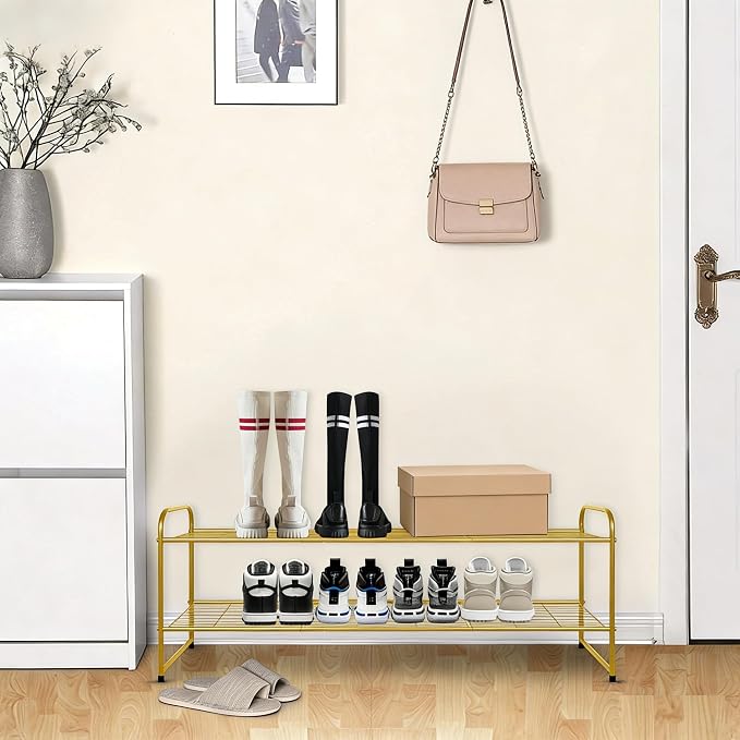 KEETDY 2-Tier Long Shoe Rack for Closet Metal Shoe Organizer for Entryway, Wide Stackable Shoe Storage Shelf with Sturdy Wire Grid for Closet Floor, Bedroom, Gold - Image 2