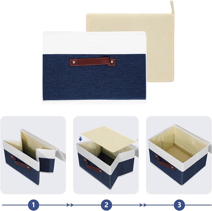 ANMINY Storage Boxes with Lids Washable Decorative Storage Bins Basket with PU Leather Handle Foldable Linen Fabric Storage Cubes Containers for Home Closet Organizer - Deep Blue White, Small Size - Image 5