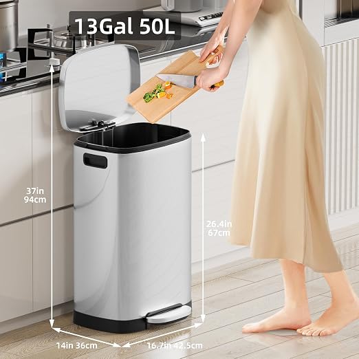 KUK 13 Gallon/50L Stainless Steel Kitchen Trash Can with Lid and Step Pedal-Large Capacity Garbage Bin with Odor Seal, Silent Close Lid, Removable Inner Bucket for Home, Kitchen, Bedroom, Office - Image 2