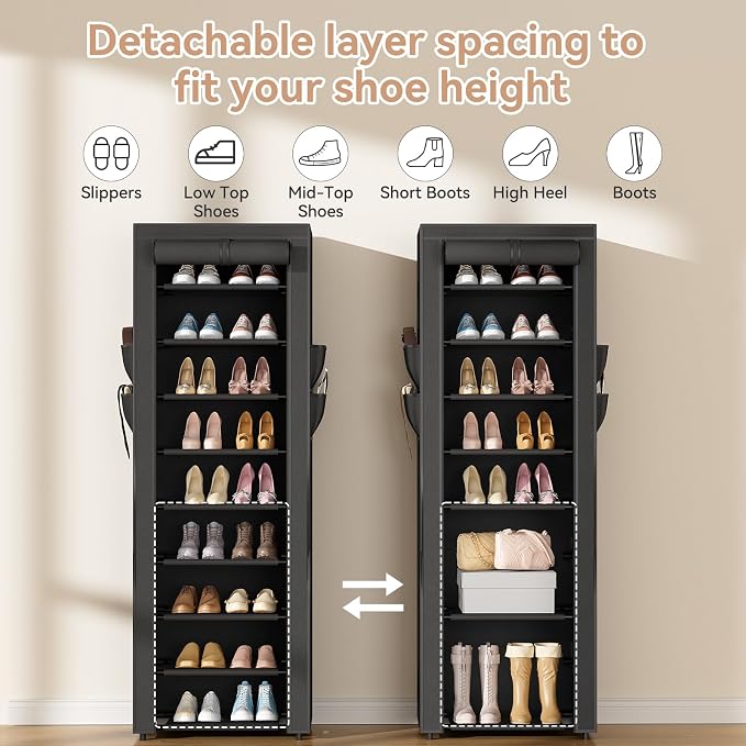 LANTEFUL Narrow Shoe Rack with Cover 10 Tier Tall Shoe Rack Organizer Large Capacity Shoe Shelf Storage 18-22 Pairs Space Saving Free Standing Shoe Storage Organizer for Closet, Entryway, Dorm, Black - Image 6