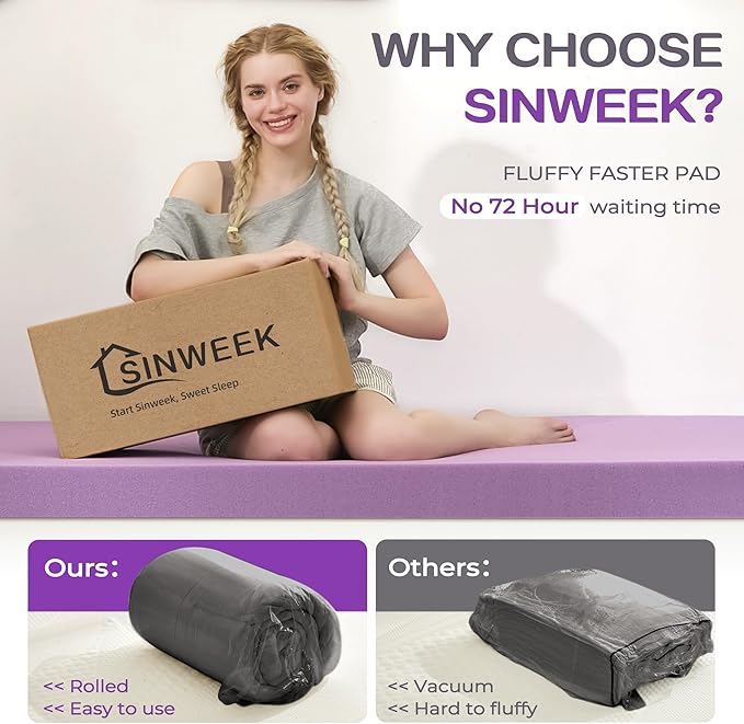 SINWEEK Dual Layer 5 Inch Memory Foam Mattress Topper Twin Size, 3 Inch Gel Memory Foam Plus 2 Inch 1450 GSM Down Alternative Quilted Pillow Top Mattress Pad Cover, Dark Gray