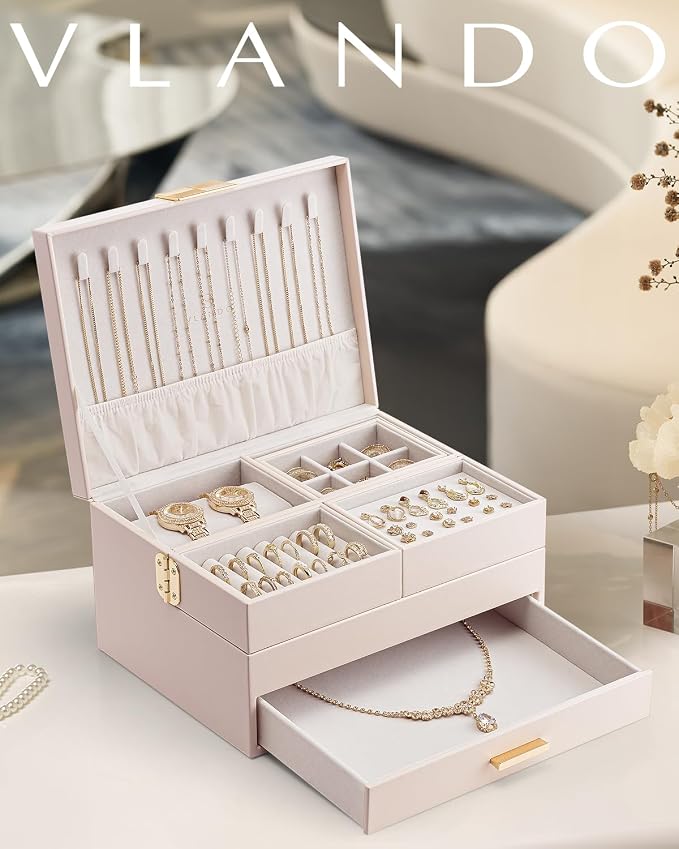 VLANDO 3 Layer Jewelry Box - Women Jewelry Box with Retractable Tray - Jewelry Organizers with Drawer for Necklaces, Rings, Bracelets, Earrings, Gift for Couples Mom Girls - Pink - Image 6