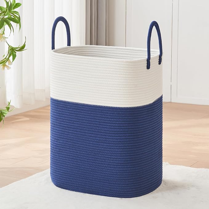 AINUOQI Laundry Basket with Handles - Blanket Basket & Hampers for Bedroom Aesthetic, Laundry Hamper & Blanket Storage for Living Room, Clothes Hamper, Tall, Large 17" x 14" x 23”, White & Dark Blue by AINUOQI