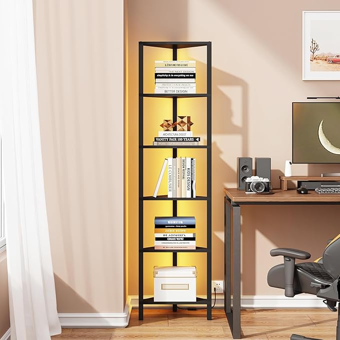 TUTOTAK Corner Shelf with LED Light, 6-Tier Corner Bookshelf for Small Space, Narrow Display Corner Shelf Stand with Storage Rack, for Living Room, Bedroom, Black BS05BK006L - Image 4