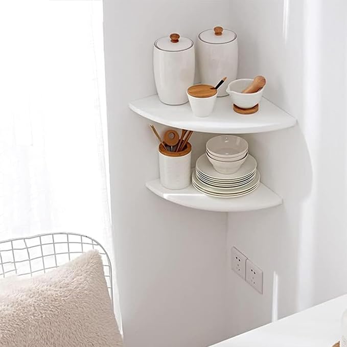 Corner Shelves, Floating Corner Shelf, Set of 2 White Solid Oak Wood Wall Shelves, Round End Wall Mount with Wire Hole Shelving for Small Plant for Bedroom Kitchen, Living Room 8.7" - Image 4