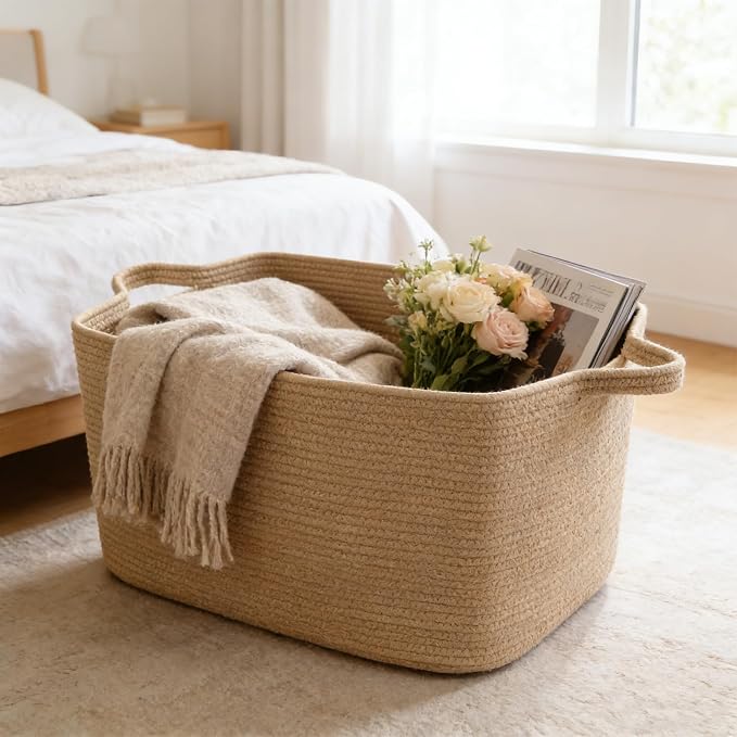 Large Blanket Basket,Woven Rope Basket Storage Bin with Handles,65L Rectangle Laundry Basket for Magazines,Toys,Clothes,Newspaper Shelf Organization,Nursery and Living Room,Jute - Image 4