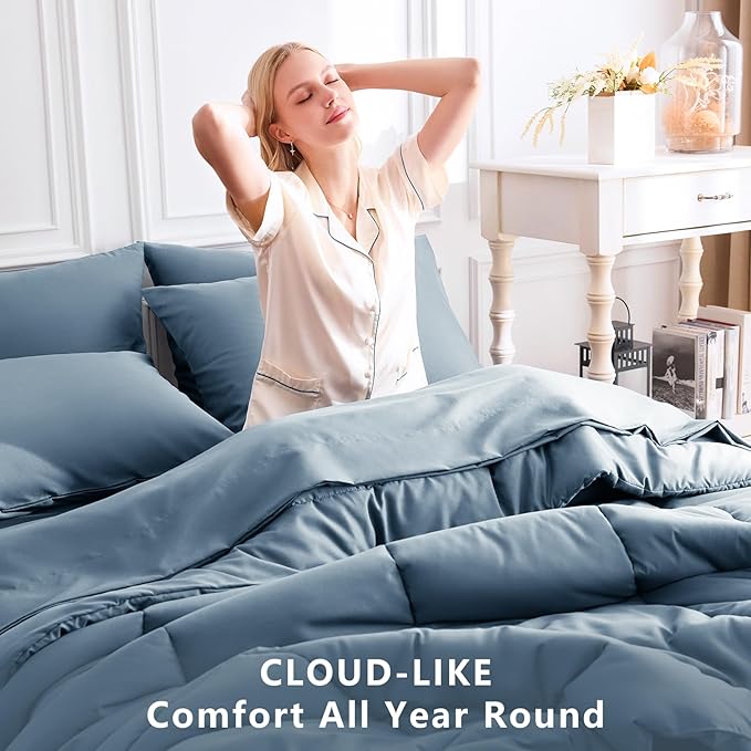 CozyLux Queen Comforter Set Mineral Blue, 7 Pieces Bed in a Bag, Blue Comforters Queen Size, All Season Bedding Sets with Stitch Quilted Comforter, Flat Sheet, Fitted Sheet, Pillowcases