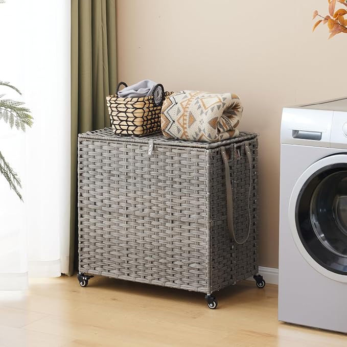 Laundry Hamper with Wheels, 39.6 Gallon(150L) Rolling Laundry Basket with Lid, 3-Section Rattan Clothes Hamper with 3 Removable Liner & 3 Mesh Bags, Laundry Sorter with Side Pocket, Grey - Image 2