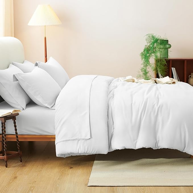 CozyLux Queen Comforter Set White, 7 Pieces Bed in a Bag Queen Comforter Set with Sheets, Luxury Soft Bedding Sets with Down Alternative Comforter, Fitted Sheet, Flat Sheet, Pillowcases & Shams