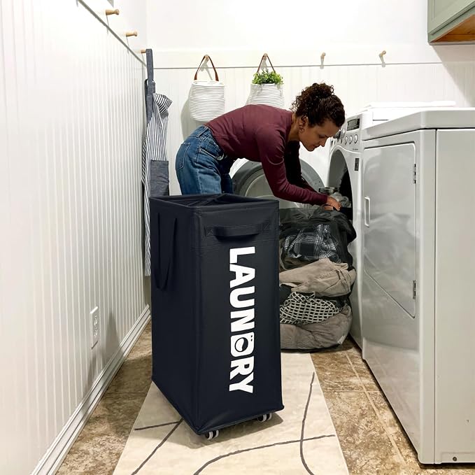 CHICVITA 75L Slim Laundry Hamper with Wheels and Removable Wash Bag, Black Rolling Basket with Handle for Laundry Room - Image 7