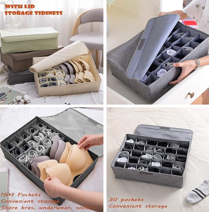 AARAINBOW 2 Packs Underwear Socks Storage Organizer with Lids Foldable Closet Drawer Organizer 46 Cells, Drawer Organizer Bins for Ties Scarves Lingerie Bra Fabric Dividers (30+16 Cell, 2 Gray) - Image 3