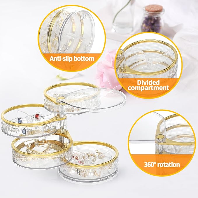 LETURE 4-Layers Rotatable Jewelry Organizer Storage Box, Clear Jewelry Holder Case for Ring Earring Necklaces Bracelets Makeup Hair Accessories - Image 6