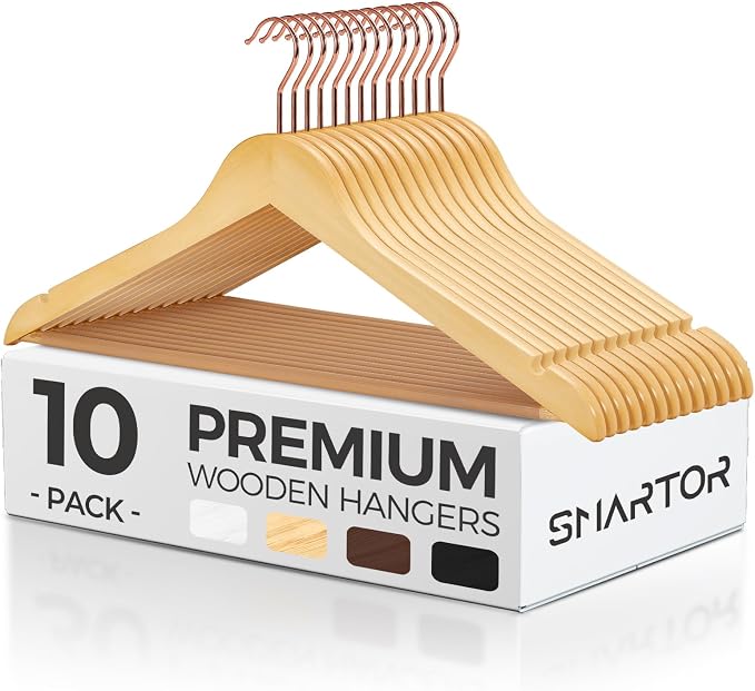 Smartor Wooden Hangers 10 Pack, Solid Wood Coat Hanger for Closet, Heavy Duty Wood Hangers for Suits, Shirts, Dresses, with 360° Rose Gold Hook, Non Slip Pant Bar, Natural by Smartor