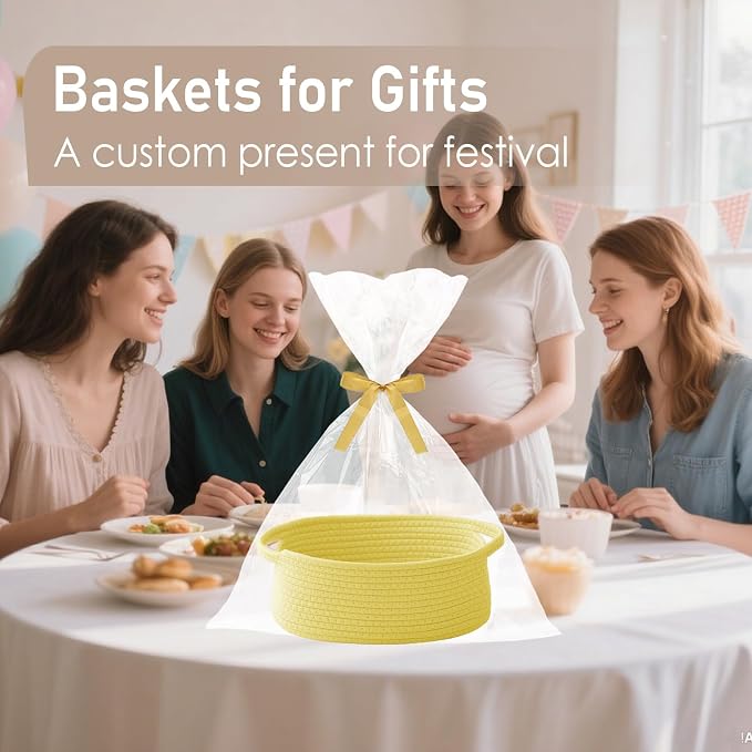 JMvicyroam Woven Basket,Small Rope Storage Bin with Handles & Ribbon Bag, Organizer for Shelves Closets,Gift Basket Empty for Birthday,Books,Dog Toys, Yellow/3 Pack - Image 4