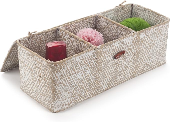 Seagrass Storage Basket with Lid Rectangular Small Woven Shelf Baskets with Sections for Organize Snack Toys Whitewash - Image 2