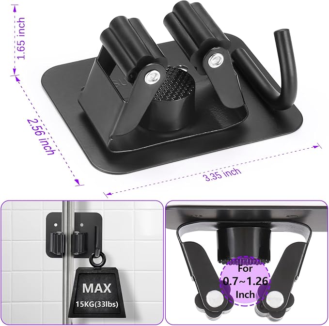 Stainless Steel Broom Holder, Heavy Duty, Rust Resistant, 4 Gripper Positions with 4 Hooks, Black - Image 2