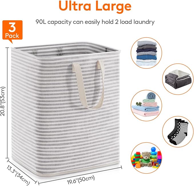 Lifewit 3 Pack Laundry Basket 90L Each, Collapsible Clothes Hamper with Reinforced Handles, Freestanding Waterproof Design for Bedroom and Laundry Room, Grey 270L Total - Image 4