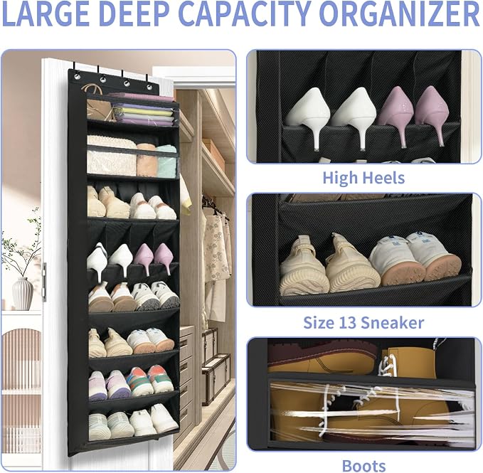 FENTEC 1 Pack 8 Shelves Over The Door Shoe Organizer, 68" Exlarge Deep Pockets Hanging Shoe Organizer, Shoe Rack for Closet, Shoe Holder for Boots,Over Door Organizer in Home, RV, Dorm, Black - Image 4