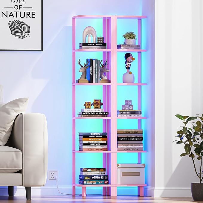 TUTOTAK Corner Shelf with LED Light, 6-Tier Corner Bookshelf for Small Space, Narrow Display Corner Shelf Stand with Storage Rack, for Living Room, Bedroom, Pink BS08BP006L - Image 8