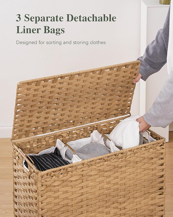 SETVSON Laundry Hamper with Lid 132 L, (35 Gallons) Clothes Hamper with Lid, Handwoven Rattan Laundry Hamper with Metal Heightened Feet, Laundry Hampers with 3 Removable Liner Bags for Laundry-Natural - Image 3