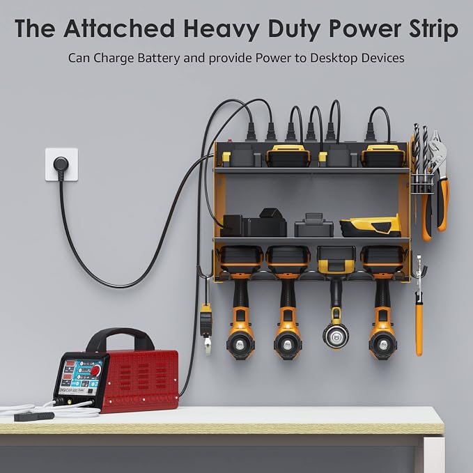 CCCEI Modular Power Tool Organizer Wall Mount with Charging Station. Garage Drill Storage Shelf with Hooks, Heavy Duty Rack, Tool Battery Holder Built in 8 Outlet. Gift for Men. Yellow, 1 Pack. - Image 3