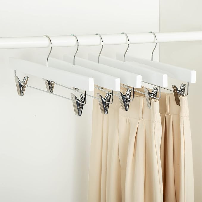 Amazon Basics Durable Wooden Pants and Skirt Hangers with Clips,Closet Organizer,White,(Pack of 60) - Image 4