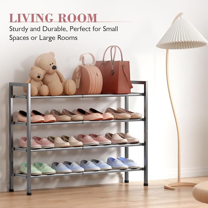 Bumusty 4-Tier Expandable Shoe Rack for Closet, 18“-33” Adjustable Shoe Rack for Small Space, Small Shoe Organizer for Front Door, Sturdy Metal, Gray - Image 6