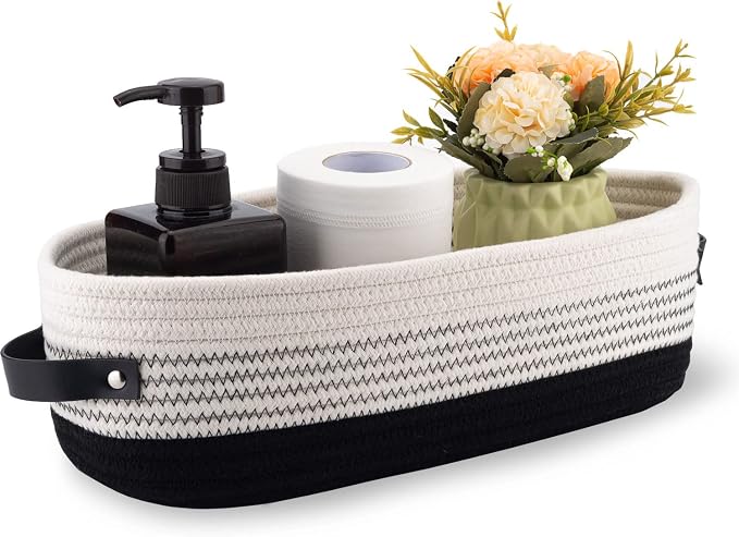 Cotton Rope Toilet Basket Bathroom Decor Baskets, Toilet Paper Holder Basket, Farmhouse Home Decor Organizing Small Baskets 13"x5.9"x4" Black by Oradrem
