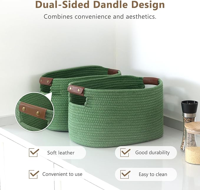 ECDYQXVU Cotton Rope Basket, Storage Baskets with Handle, 15x10x9 Inch Woven Basket for Shelves, Laundry, Towels, Clothes, Books (Green 3Pack) - Image 5