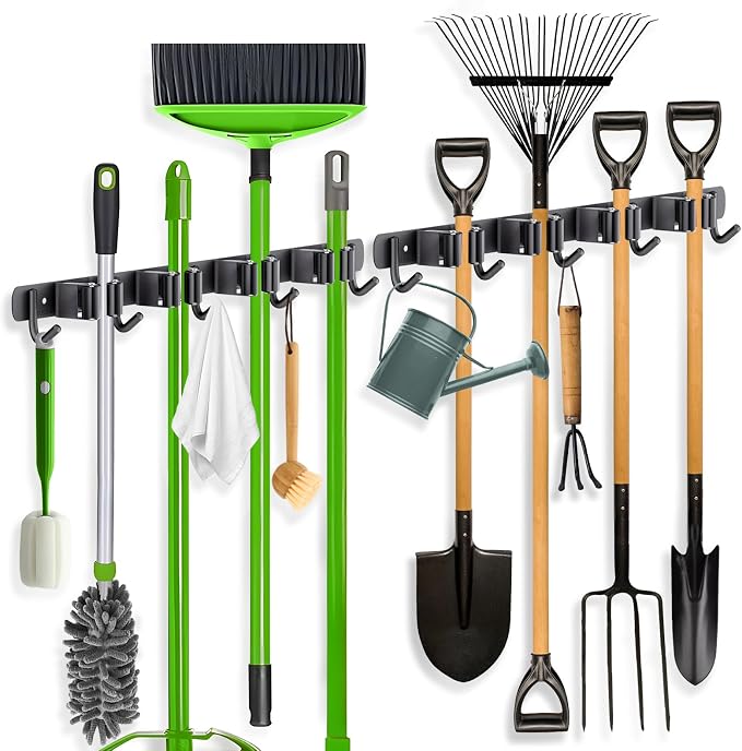 ZONGOOL 2 Pack Broom Holder Wall Mount, 4 Racks and 5 Hooks Mop Hanger Wall Mount Broom Organizer Stainless Steel Heavy Duty Garage Tool Racks for Home Kitchen Garden Laundry (Black) by ZONGOOLHouseware