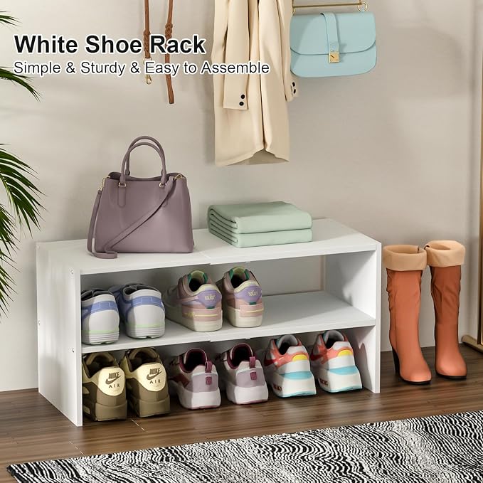 2 Pack White Shoe Rack for Closet, 2-Tier Expandable Small Shoe Shelf, Stackable Iron Wood Combination Shoe Organizer Racks Shelves for Closets, Entryway, Hallway, Garage, Holds 12-24 Pairs - Image 3