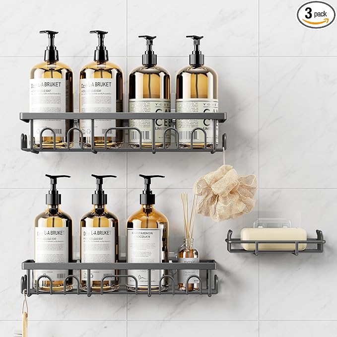 Shower Caddy, 3 Pack Shower Shelves for Inside Bathroom, Rustproof Adhesive Bathroom Organizer with Soap Holder, No Drilling Washroom Organizers and Storage for Bathtub Room/Kitchen/Home, Grey by Deyhoc