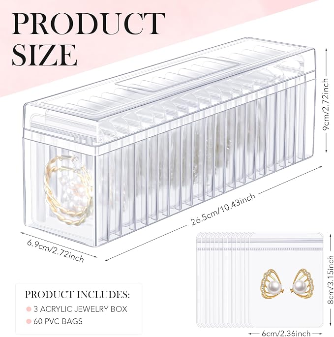 Kenning 63 Pcs Acrylic Jewelry Case Organizer, Clear Jewelry Organizers Holder with Portable Anti Tarnish Storage Bags for Rings, Earrings, Necklaces, Ideal Gifts for Women (Clear) - Image 2