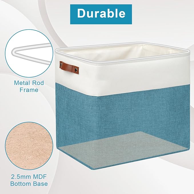 Bagnizer Large Fabric Storage Baskets | 50L Storage Bins, Decorative Linen Closet Baskets with Handles for Organizing, Shelf, Toys, Clothes, Home, Office, Nursery, 17x12x15Inches (Teal&White) - Image 4