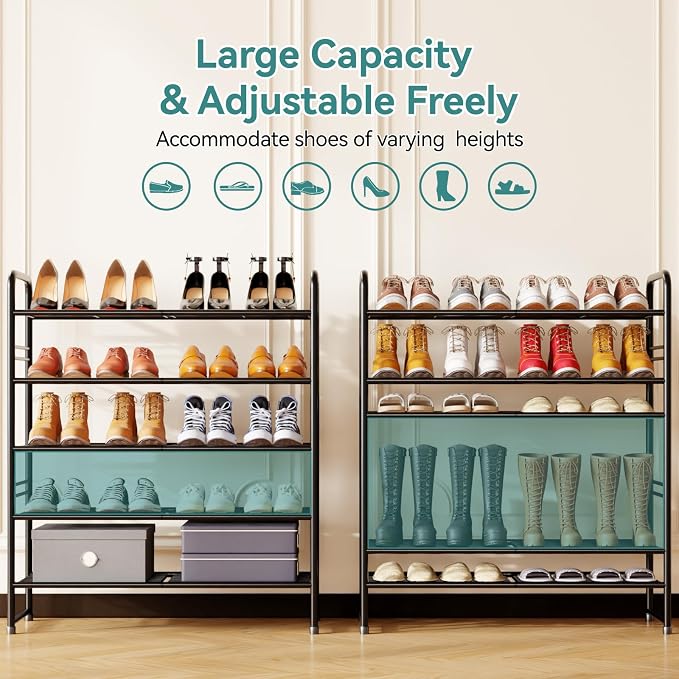 SUFAUY 33" Wide Shoe Rack, 5-Tier Shoe Storage Rack for 24-30 Pairs of Shoes, Shoe Organizer for Entryway, Stackable, Heavy Duty, Steel Frame, Industrial, Black - Image 5