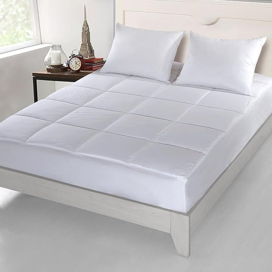 Cottonpure 500 Thread Count Sustainable Overfilled Self-Cooling 100% Cotton Fill and Cover Mattress Pad, Queen, White