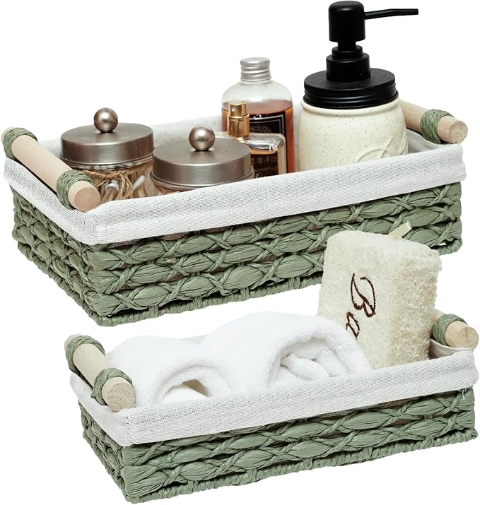Storage Basket Wicker Baskets for Organizing with Handle Decorative Storage Bins for Countertop Toilet Paper Storage Basket for Toilet Tank Top Small Baskets Set (Set of 2,Green) by Unknown