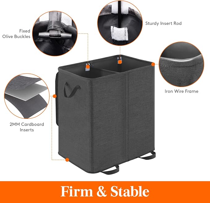 Lifewit Double Laundry Hamper with Lid and Removable Laundry Bags, Large Collapsible 2 Dividers Dirty Clothes Basket with Handles for Bedroom Laundry Room Closet Bathroom College, 155L Black - Image 2