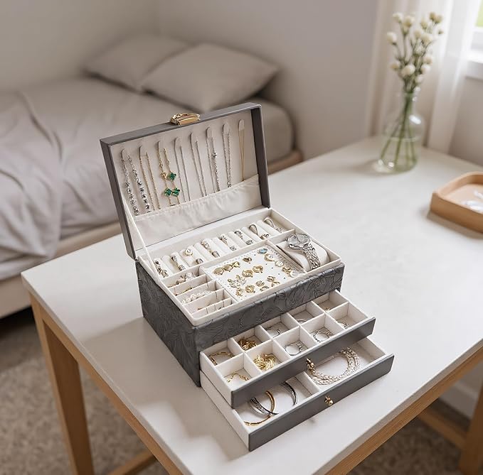 TOFUNTOY Jewelry Organizer Box, Large Jewelry Boxes for Women, 3-Layer Jewelry Holder Organizer for Necklace Earrings Rings Bracelets Storage, Gift for Her Mom - Image 4