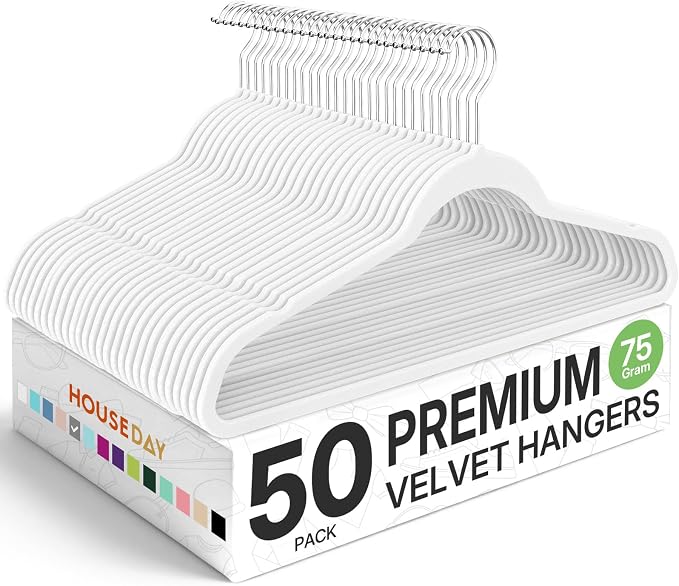 HOUSE DAY Premium Velvet Hangers 50 Pack, Non-Slip Flocked Felt Hangers, Sturdy Clothes Hangers with 360° Rotatable Hook, Heavy Duty Coat Hanger, Durable Slim White Hanger for Closet Space Saving by HOUSEDAY