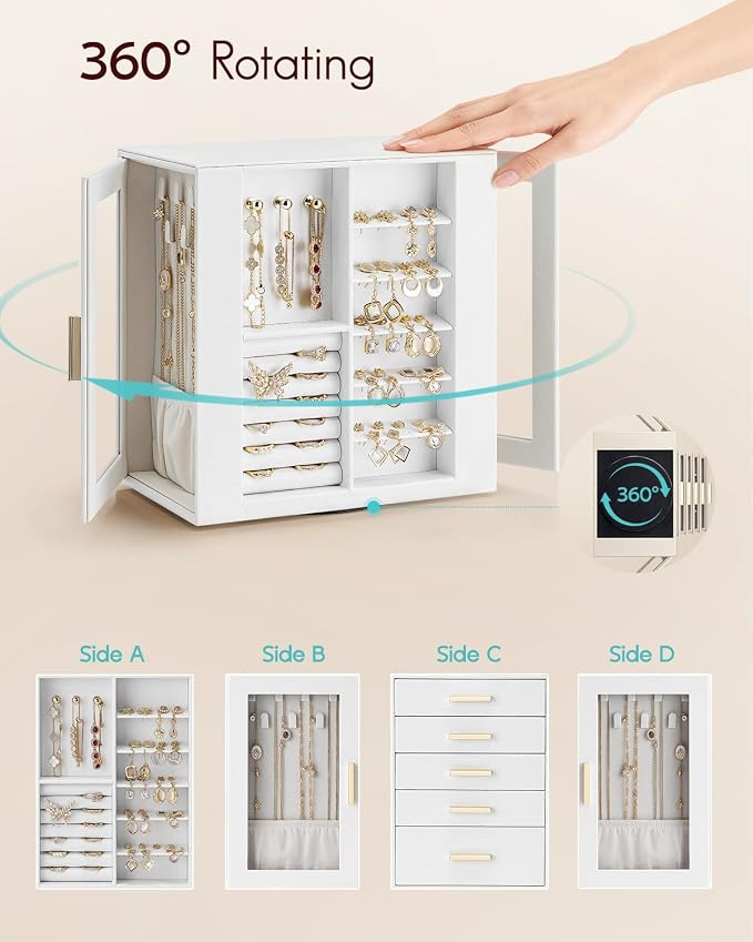 VLANDO 360° Rotating Jewelry Box with 5 Drawers, Large Jewelry Storage with 2 Glass Window, PU Leather Jewelry Organizer for Bracelets, Necklaces, Earrings, Rings - White - Image 3