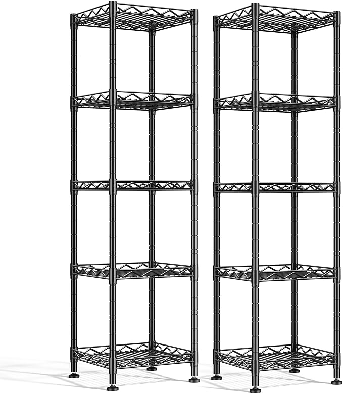 DurayLoly Set of 2 Storage Shelves-5 Tier Metal Shelving Adjustable Wire Shelves Standing Shelf Units Narrow Shelf for Kitchen Pantry Closet Office 12''Wx12''Dx49''H Black by Durayloly