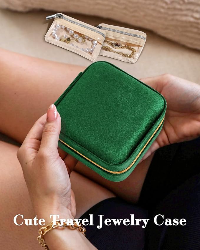Bistup Travel Jewelry Case - Small Jewelry Organizers and Storage Box for Women Girls Teens Cute Traveling Jewelry Holder with Mirror Little Tiny Compact Modern Unique Aesthetic Pretty, Geen - Image 3