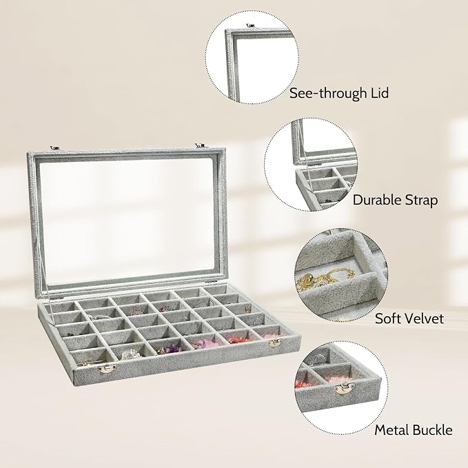 Stratalife Jewelry Organizer Jewelry Holder Storage Earring Organizer Box Tray with Lid Velvet Earring Display for Drawer 30 Grid Grey - Image 5